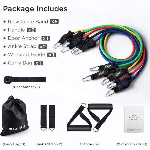 LETSFIT Stackable Resistance Exercise Bands Set with Handles, Door Anchor, Ankle Straps and Carry Bag, 5 Color Exercise Bands, 2 Cushioned Handles, 10-50LBS (5 Pack) - Toytexx LETSFIT Stackable Resistance Exercise Bands Set with Handles, Door Anchor, Ankle Straps and Carry Bag, 5 Color Exercise Bands, 2 Cushioned Handles, 10-50LBS (5 Pack) - Toytexx